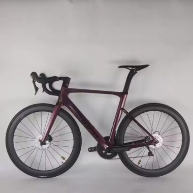 Full carbon fiber road bike with aerodynamic frame and disc brakes