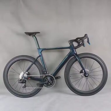 Full carbon fiber road bike with aerodynamic frame and disc brakes