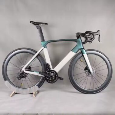 Full carbon fiber road bike with aerodynamic frame and disc brakes