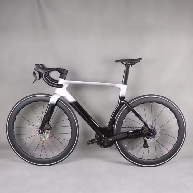 Full carbon fiber road bike with aerodynamic frame and disc brakes