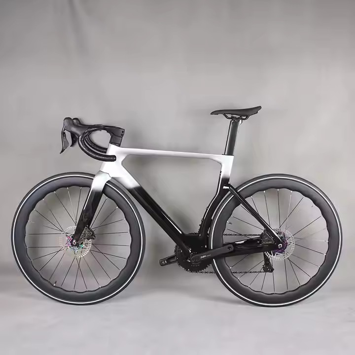 Full carbon fiber road bike with aerodynamic frame and disc brakes